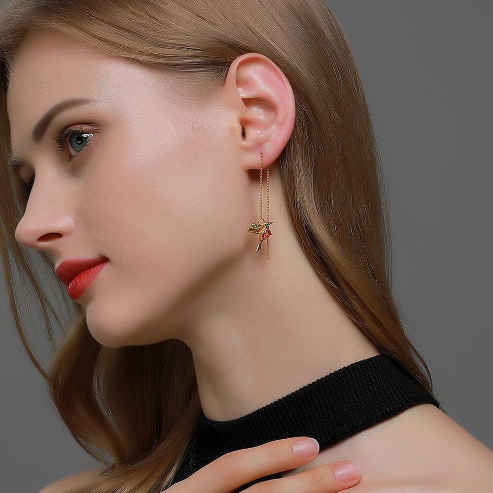 Emilene & Me Dainty Hummingbird Earrings  Long‎ Chain Rhinestone Cottagecore